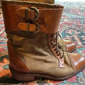 Fabulous Joan & David Brown Leather and Green Canvas Ankle Safari Boots 38.5